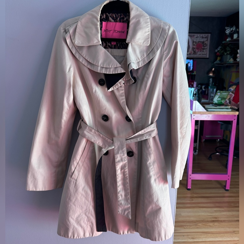 Betsey Johnson Ruffled Beige Double-Breasted Trench Coat- Medium